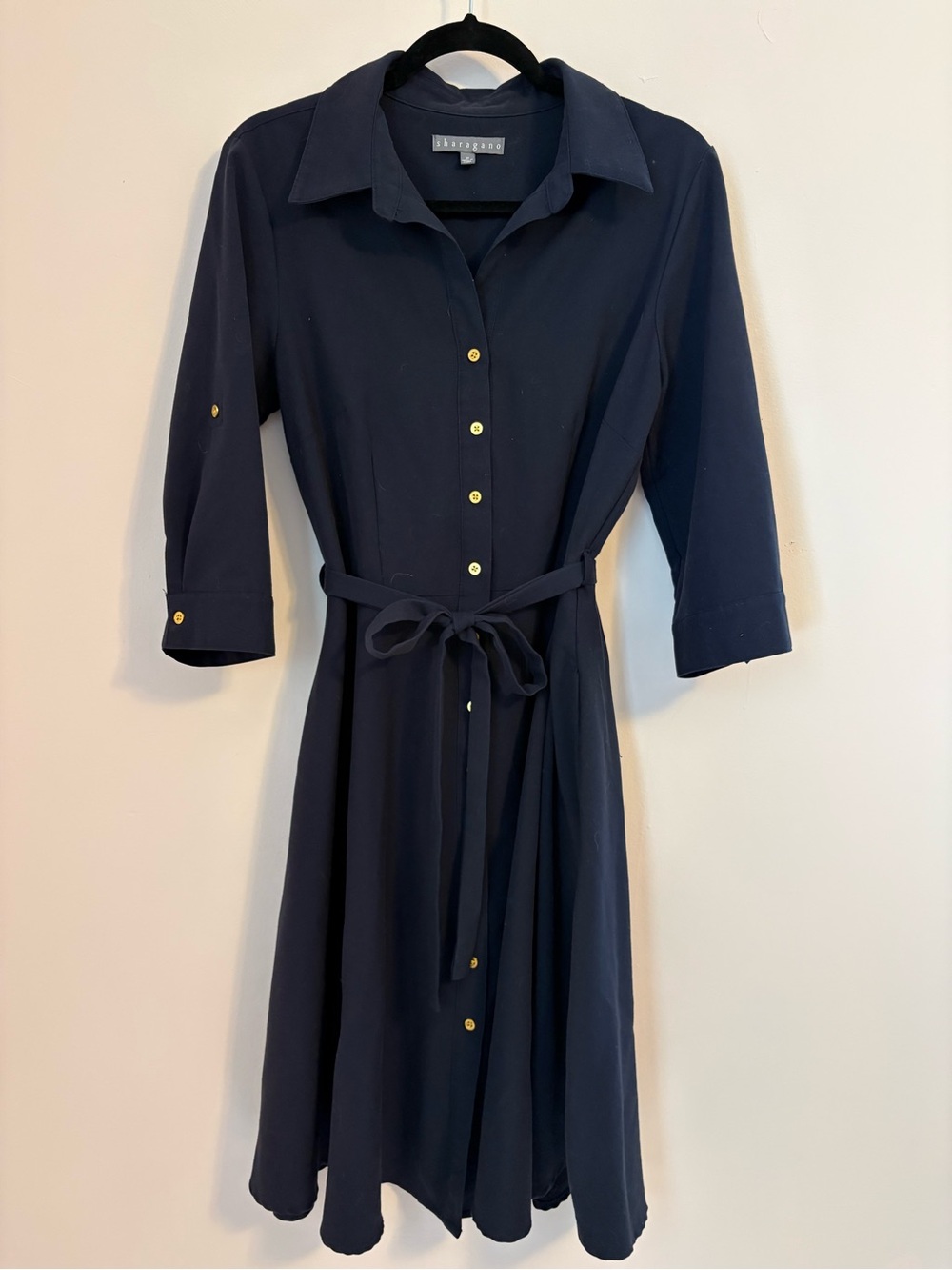 Sharagano Navy Shirt Dress with Gold Buttons and Waist Tie